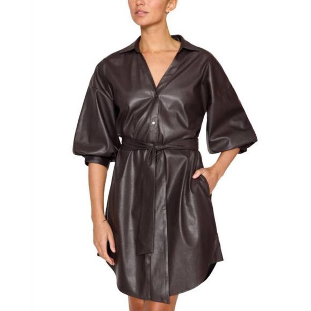 NEW BROCHU WALKER kate belted vegan leather shirt dress in timber